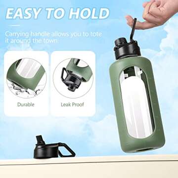 BLUEGO 64oz Glass Water Bottles with 2 Lids Half Gallon Water Bottle with Straw 2 Liter Large Water Bottle with Time Ounce Markings Silicone Sleeve Water Jug for Gym, Home, Office, BPA-free,Olive