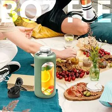 BLUEGO 64oz Glass Water Bottle - Leak Proof & Durable