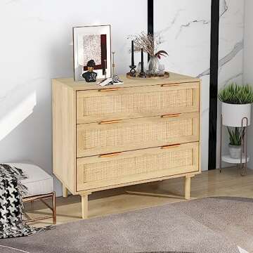 HOPUBUY 3 Drawer Dresser with 2 Nightstand for Bedroom, Oak Rattan Dresser Closet Dressers Chest of Drawers, Light Wood Dresser 3 Drawer Storage Chest for Bedroom, Hallway, Living Room
