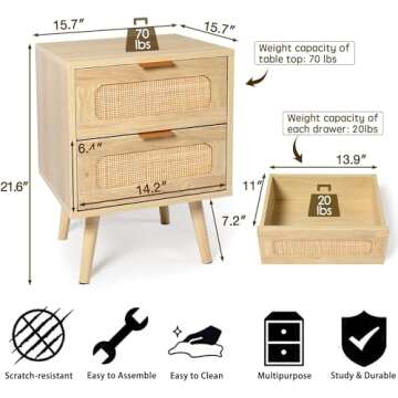 HOPUBUY 3 Drawer Dresser with 2 Nightstand for Bedroom, Oak Rattan Dresser Closet Dressers Chest of Drawers, Light Wood Dresser 3 Drawer Storage Chest for Bedroom, Hallway, Living Room