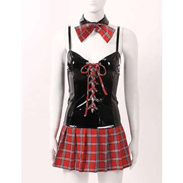 YiZYiF Women PVC Leather Schoolgirl Outfit Lingerie Set Mini Plaid Skirt Role Play Costume Black&Red X-Large