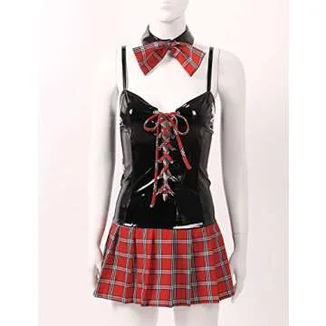 YiZYiF Women PVC Leather Schoolgirl Outfit Lingerie Set Mini Plaid Skirt Role Play Costume Black&Red X-Large