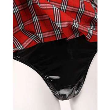 YiZYiF Women PVC Leather Schoolgirl Outfit Lingerie Set Mini Plaid Skirt Role Play Costume Black&Red X-Large