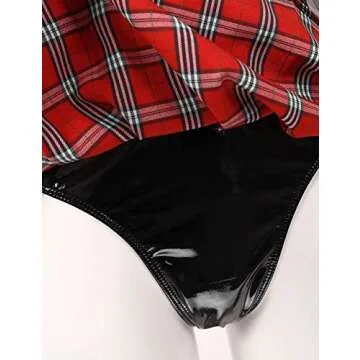 YiZYiF Women PVC Leather Schoolgirl Outfit Lingerie Set Mini Plaid Skirt Role Play Costume Black&Red X-Large