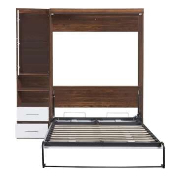 Full Murphy Bed Space-Saving Wall Bed with Cabinet, Drawers and Storage Shelves for Multipurpose Guest Room or Home Office