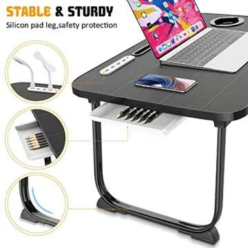 Fayquaze Portable Foldable Laptop Bed Table with USB Charge Port Storage Drawer and Cup Holder,Lap Desk Laptop Stand Serving Tray for Eating, Reading and Working