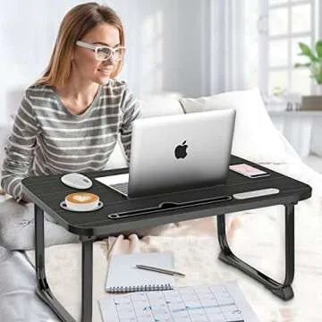 Fayquaze Portable Foldable Laptop Bed Table with USB Charge Port Storage Drawer and Cup Holder,Lap Desk Laptop Stand Serving Tray for Eating, Reading and Working