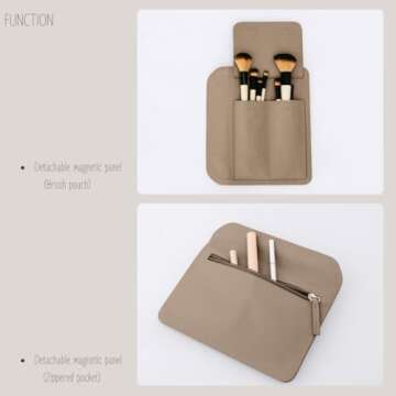 MELINE Leather Makeup Bag with Brush Holder,Travel Cosmetic Case for Women,Large Capacity Waterproof Toiletry Bag with Handle,Stylish and Durable Makeup Organizer (Taupe)