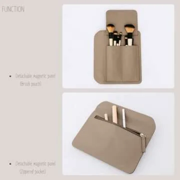 MELINE Leather Makeup Bag with Brush Holder,Travel Cosmetic Case for Women,Large Capacity Waterproof Toiletry Bag with Handle,Stylish and Durable Makeup Organizer (Taupe)