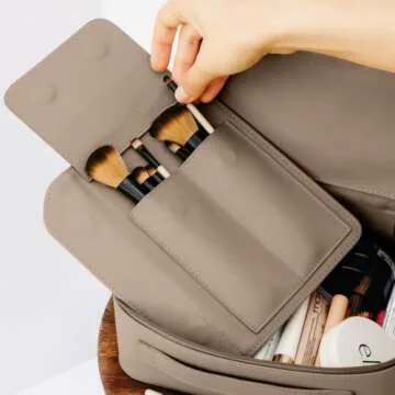 MELINE Leather Makeup Bag with Brush Holder,Travel Cosmetic Case for Women,Large Capacity Waterproof Toiletry Bag with Handle,Stylish and Durable Makeup Organizer (Taupe)