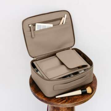 MELINE Leather Makeup Bag with Brush Holder,Travel Cosmetic Case for Women,Large Capacity Waterproof Toiletry Bag with Handle,Stylish and Durable Makeup Organizer (Taupe)