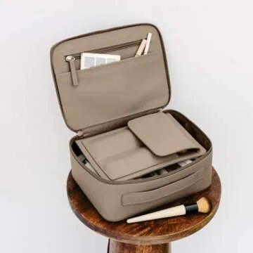 MELINE Leather Makeup Bag with Brush Holder,Travel Cosmetic Case for Women,Large Capacity Waterproof Toiletry Bag with Handle,Stylish and Durable Makeup Organizer (Taupe)