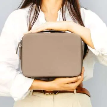 MELINE Leather Makeup Bag with Brush Holder,Travel Cosmetic Case for Women,Large Capacity Waterproof Toiletry Bag with Handle,Stylish and Durable Makeup Organizer (Taupe)