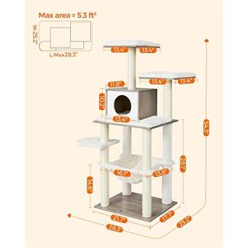 Feandrea Cat Tree, 54.3-Inch Modern Cat Tower for Indoor Cats, Multi-Level Cat Condo, Ultra-Soft Plush, Scratching Posts, Hammock, Removable, Washable Cushions, Heather Greige UPCT164G01