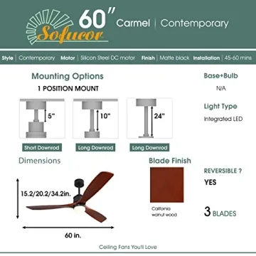 Sofucor 60 Inch Modern Wood Ceiling Fan with Remote & Lights