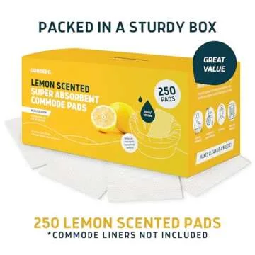 Lunderg Lemon Scented Super Absorbent Commode Pads - Medical Grade Value Pack 250 Count - for Disposable Bedside Commode Liners, Adult Chairs, Portable Buckets & Camping Toilet Bags - Light Scent