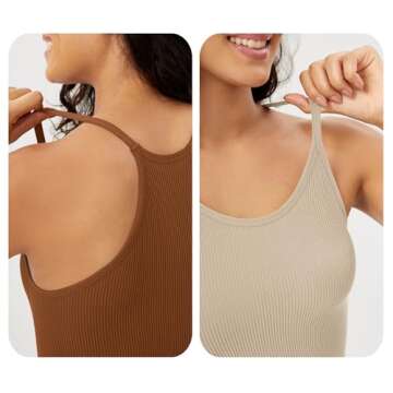 ODODOS Women's 3-Pack Seamless Cami Tops Ribbed Camisole Tank Top, Brunette+Clay+Mushroom, Medium/Large