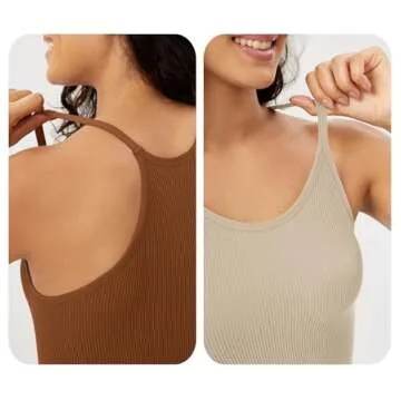 ODODOS Women's 3-Pack Seamless Cami Tops Ribbed Camisole Tank Top, Brunette+Clay+Mushroom, Medium/Large