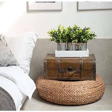 Dahey Decorative Galvanized Metal Pots Centerpiece Decor Wood Tray with Artificial Plant, 3 Buckets with Eucalyptus, Rustic Farmhouse Home Decor for Coffee Table Dining Living Room Kitchen Bath, White