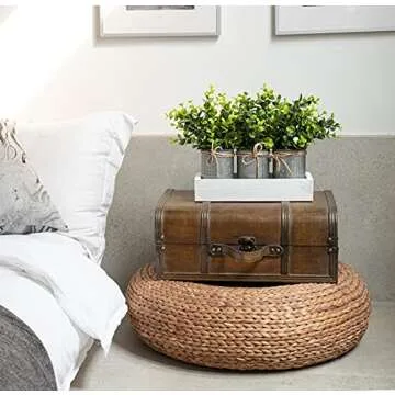 Dahey Decorative Galvanized Metal Pots Centerpiece Decor Wood Tray with Artificial Plant, 3 Buckets with Eucalyptus, Rustic Farmhouse Home Decor for Coffee Table Dining Living Room Kitchen Bath, White