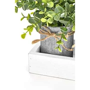 Dahey Decorative Galvanized Metal Pots Centerpiece Decor Wood Tray with Artificial Plant, 3 Buckets with Eucalyptus, Rustic Farmhouse Home Decor for Coffee Table Dining Living Room Kitchen Bath, White