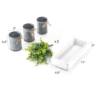 Dahey Decorative Galvanized Metal Pots Centerpiece Decor Wood Tray with Artificial Plant, 3 Buckets with Eucalyptus, Rustic Farmhouse Home Decor for Coffee Table Dining Living Room Kitchen Bath, White