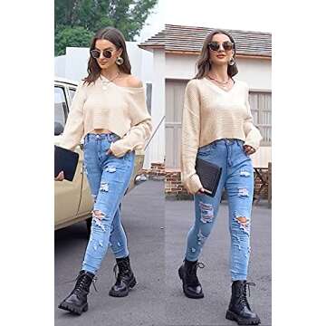 Womens V Neck Long Sleeve Tops Crop Waffle Knit Crepped Casual Loose Pullover Crop Sweater S Beige