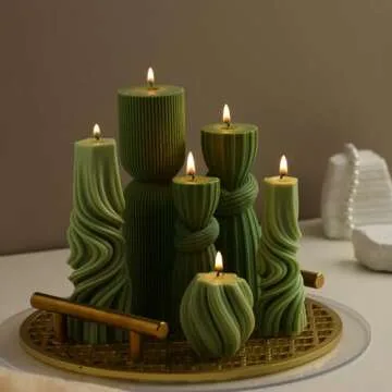 Threlaco 6 Pcs Pillar Candles Modern Aesthetic Ribbed Decorative Candle Set Cute Soy Wax Scented Ribbed Decor for Home(Green,2.36-6.89 Inch)