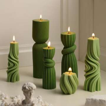 Threlaco 6 Pcs Pillar Candles Modern Aesthetic Ribbed Decorative Candle Set Cute Soy Wax Scented Ribbed Decor for Home(Green,2.36-6.89 Inch)