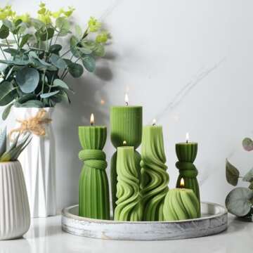 Threlaco 6 Pcs Pillar Candles Modern Aesthetic Ribbed Decorative Candle Set Cute Soy Wax Scented Ribbed Decor for Home(Green,2.36-6.89 Inch)