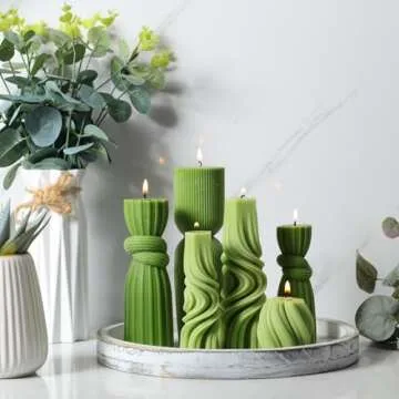 Threlaco 6 Pcs Pillar Candles Modern Aesthetic Ribbed Decorative Candle Set Cute Soy Wax Scented Ribbed Decor for Home(Green,2.36-6.89 Inch)