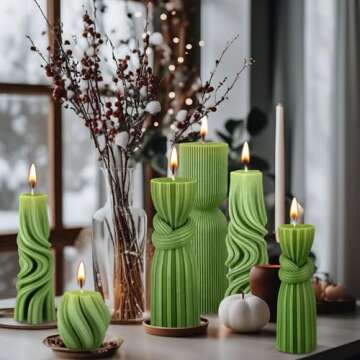 Threlaco 6 Pcs Pillar Candles Modern Aesthetic Ribbed Decorative Candle Set Cute Soy Wax Scented Ribbed Decor for Home(Green,2.36-6.89 Inch)