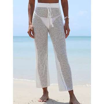 ZAFUL Women's Cover Up Pants Crochet Hollow Out Beach Pants Drawstring Elastic High Waist Straight Pants(1-White, One Size)