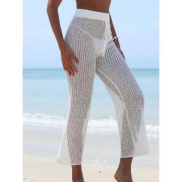 ZAFUL Women's Cover Up Pants Crochet Hollow Out Beach Pants Drawstring Elastic High Waist Straight Pants(1-White, One Size)