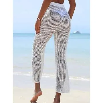 ZAFUL Women's Cover Up Pants Crochet Hollow Out Beach Pants Drawstring Elastic High Waist Straight Pants(1-White, One Size)