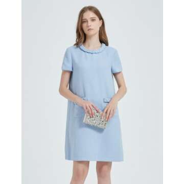Uikue Women's Vintage Tweed Dress Short Sleeve Crew Neck A-line Shift Dress for Work, Casual Black Mini Skirt Dresses(Light Blue,M