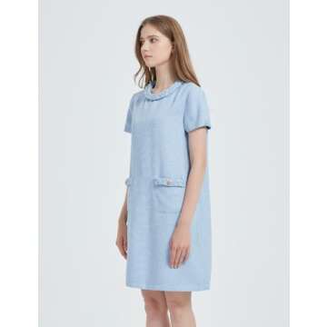 Uikue Women's Vintage Tweed Dress Short Sleeve Crew Neck A-line Shift Dress for Work, Casual Black Mini Skirt Dresses(Light Blue,M