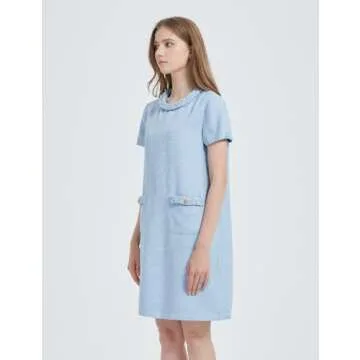 Uikue Women's Vintage Tweed Dress Short Sleeve Crew Neck A-line Shift Dress for Work, Casual Black Mini Skirt Dresses(Light Blue,M