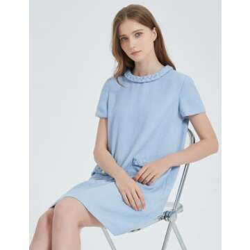 Uikue Women's Vintage Tweed Dress Short Sleeve Crew Neck A-line Shift Dress for Work, Casual Black Mini Skirt Dresses(Light Blue,M