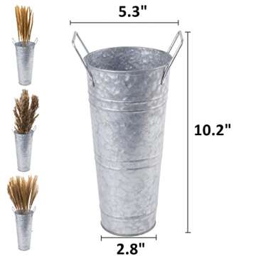 ZOOFOX Set of 4 Galvanized Metal Vases, 9" Farmhouse French Bucket with Handles, Rustic Style Metal ...