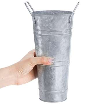 ZOOFOX Set of 4 Galvanized Metal Vases, 9" Farmhouse French Bucket with Handles, Rustic Style Metal Flower Holder for Home and Wedding Table Centerpiece Decor (Silver)