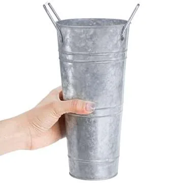 ZOOFOX Set of 4 Galvanized Metal Vases, 9" Farmhouse French Bucket with Handles, Rustic Style Metal Flower Holder for Home and Wedding Table Centerpiece Decor (Silver)
