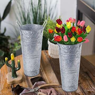 ZOOFOX Set of 4 Galvanized Metal Vases, 9" Farmhouse French Bucket with Handles, Rustic Style Metal Flower Holder for Home and Wedding Table Centerpiece Decor (Silver)