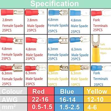 Feggizuli 330PCS Crimp Connectors, 2.8mm 4.8mm 6.3mm Male and Female Spade Connector kit, 15 Types Crimp Terminals Electrical Connectors, Electrical Terminals Includes Spade Ring Fork Wire Connectors