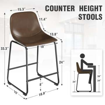 TAVR Furniture Counter Stools Set of 2, 24 inch Counter Height Bar Stools Hold up to 500 lbs, Armless Counter Height Chairs with Metal Legs & Soft Backrest for Kitchen Island Coffee Shop, Brown