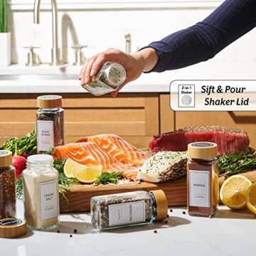 Glass Spice Jars with Label Set, Bamboo Lids & Funnel - Kitchen Airtight Storage Jars with Lids - Sp...