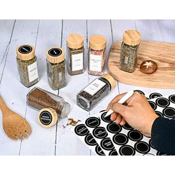 Glass Spice Jars with Label Set, Bamboo Lids & Funnel - Kitchen Airtight Storage Jars with Lids - Spices and Seasonings Sets Organizer, Spice Glass Jar with Lid Food Canister Bottle Sugar Shaker