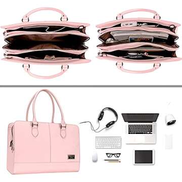 MOSISO Women Laptop Tote Bag (15-16 inch), PU Leather Large Capacity with 3 Layer Compartments Busin...