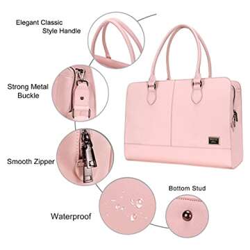 MOSISO Women Laptop Tote Bag (15-16 inch), PU Leather Large Capacity with 3 Layer Compartments Business Work Briefcase Shoulder Laptop Bag,Rose Quartz