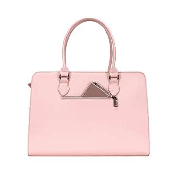 MOSISO Women Laptop Tote Bag (15-16 inch), PU Leather Large Capacity with 3 Layer Compartments Business Work Briefcase Shoulder Laptop Bag,Rose Quartz